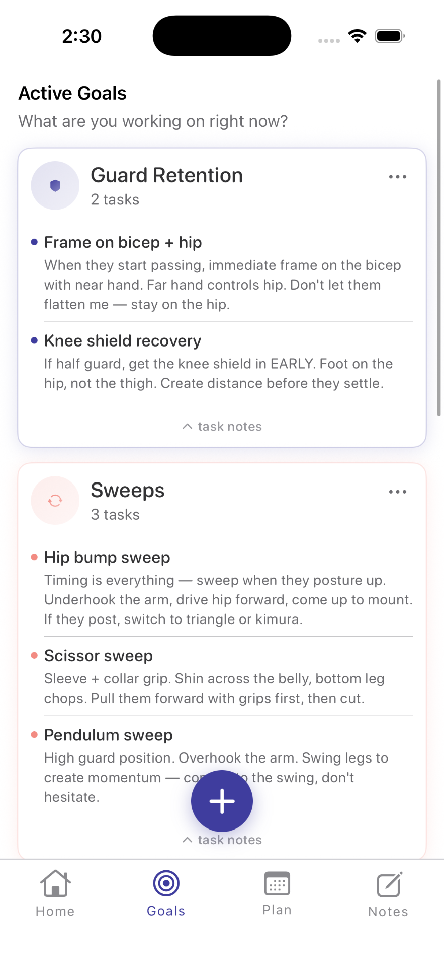 Active Goals screen with Guard Retention and Sweeps, broken into specific tasks