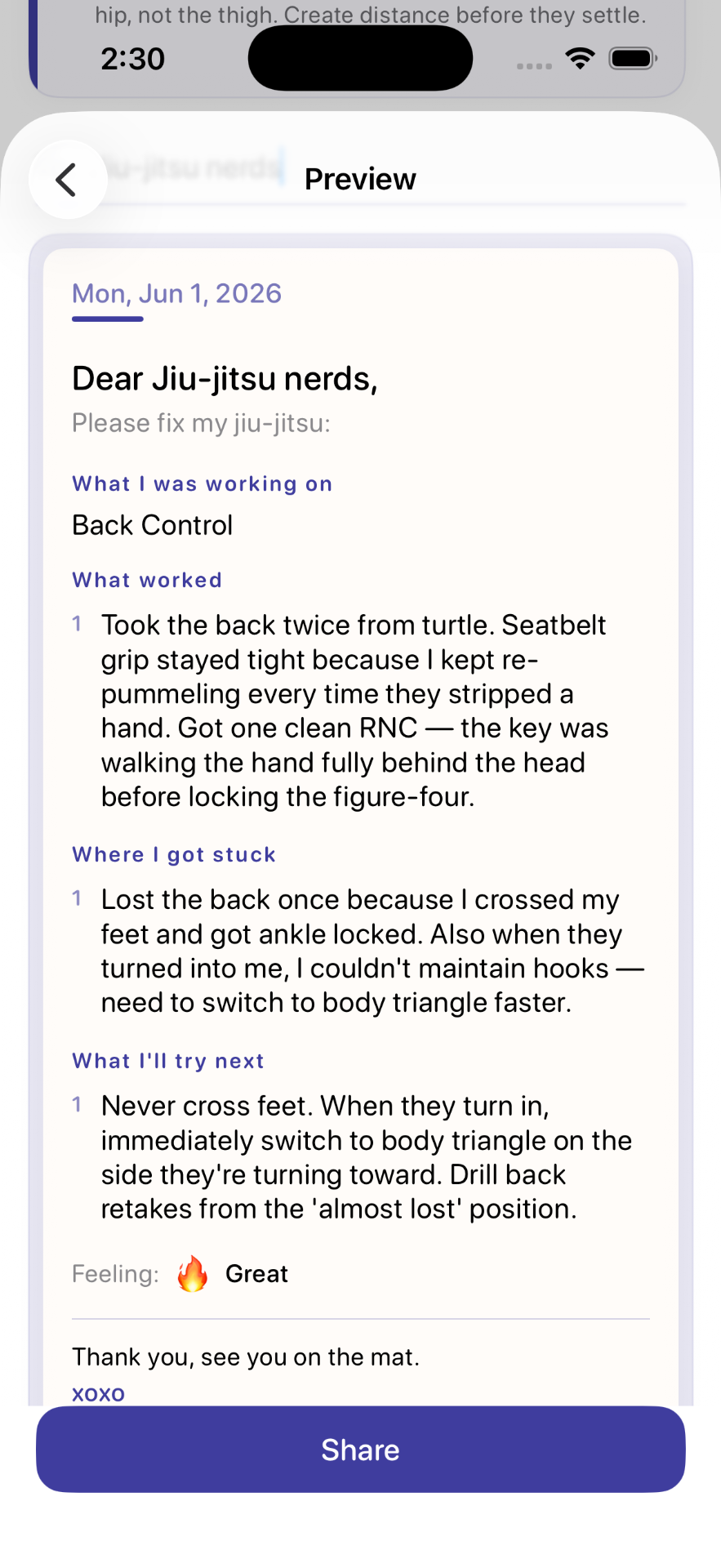 Share preview formatted as a letter to training partners asking for feedback on Back Control
