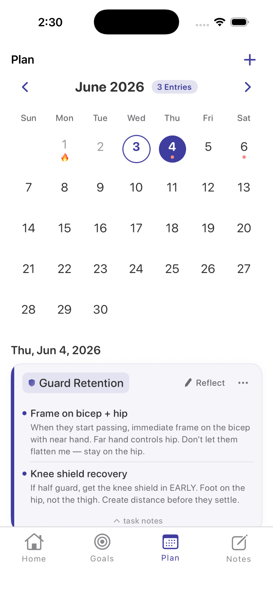 Plan screen showing June calendar with scheduled training and a Guard Retention session