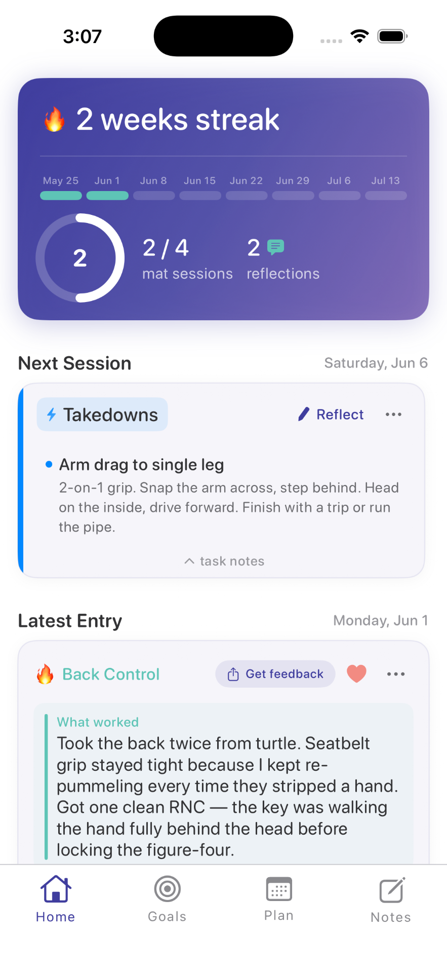 Mat Mind home screen showing a 2 week streak, next session Takedowns, and latest reflection on Back Control