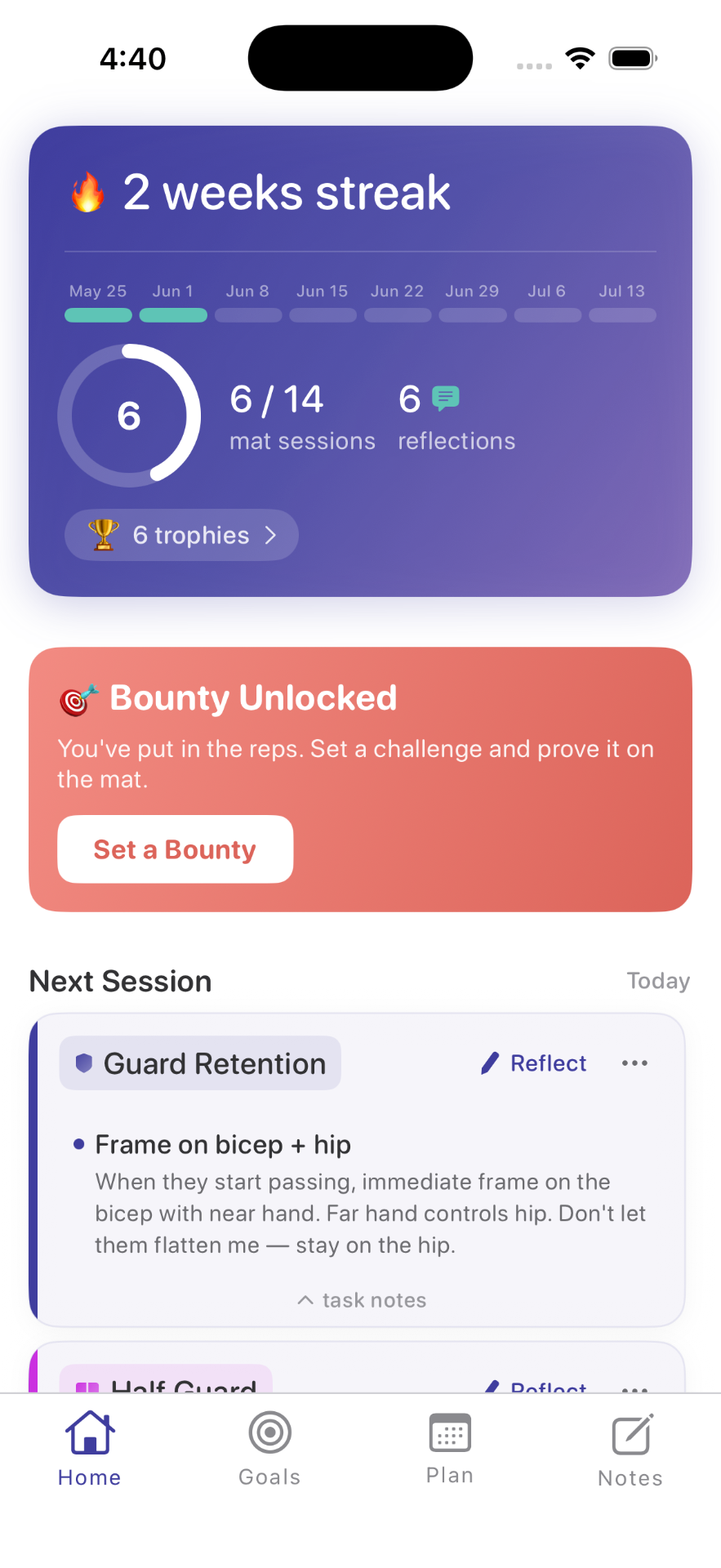 Home screen showing a 2 week streak with a Bounty Unlocked card prompting to set a challenge